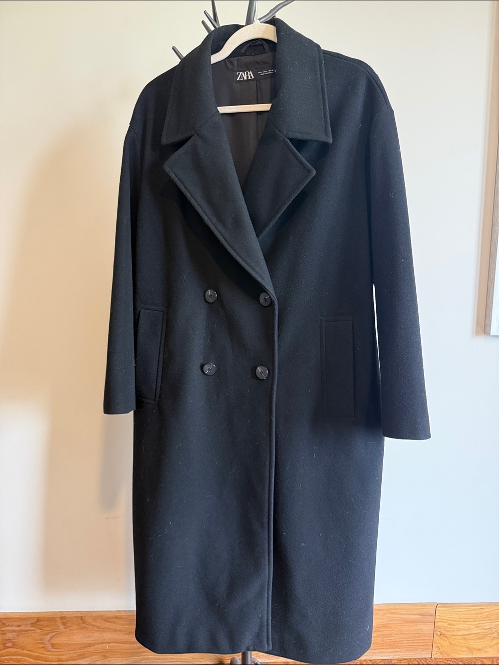 Zara Black Double-Breasted Longline Slouch Coat